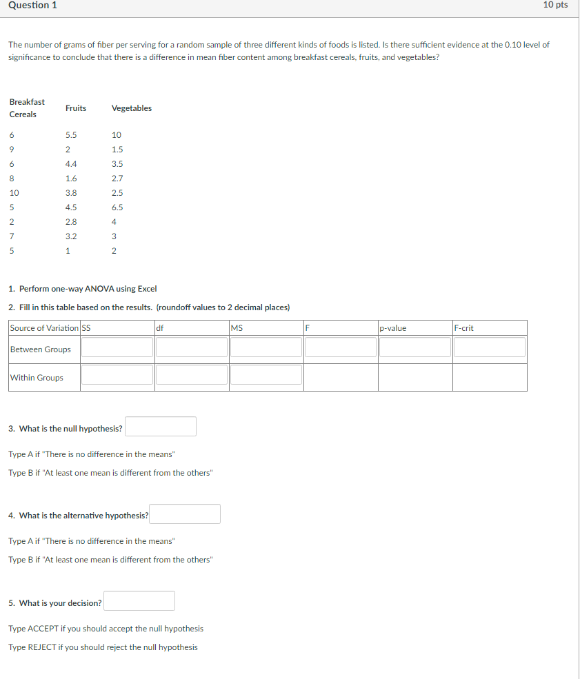 The Number Of Grams Of Fiber Per Serving For A Random Sample Of Three Different Kinds Of Foods Is Listed Is There Suffi 1