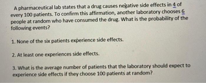 A Pharmaceutical Lab States That A Drug Causes Negative Side Effects In 4 Of Every 100 Patients To Confirm This Affirma 1