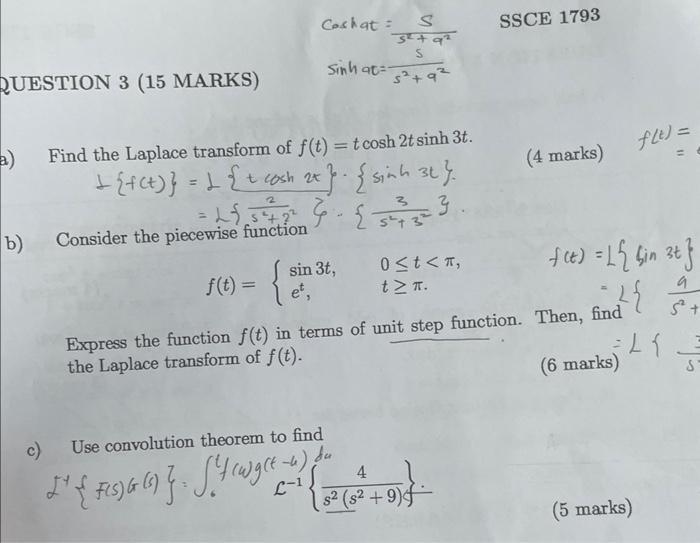 Coshat S2 A2s Ssce 1793 Estion 3 15 Marks Sinhat S2 A2s Find The Laplace Transform Of F T Tcosh2tsinh3t 1 F T 1 1
