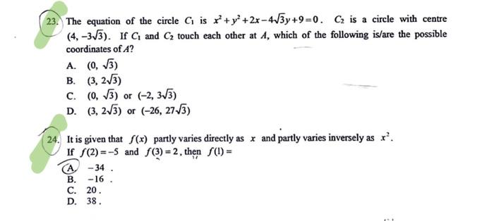 23 The Equation Of The Circle C1 Is X2 Y2 2x 43 Y 9 0 C2 Is A Circle With Centre 4 33 If C1 And C2 Touch Each 1