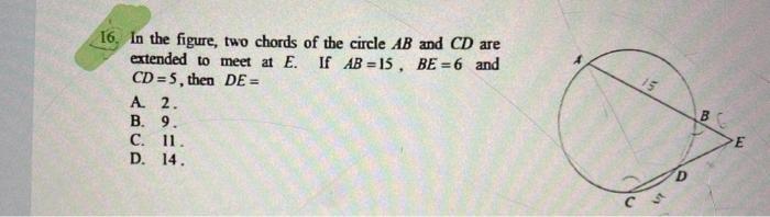 6 In The Figure Two Chords Of The Circle Ab And Cd Are Extended To Meet At E If Ab 15 Be 6 And Cd 5 Then De A 2 1