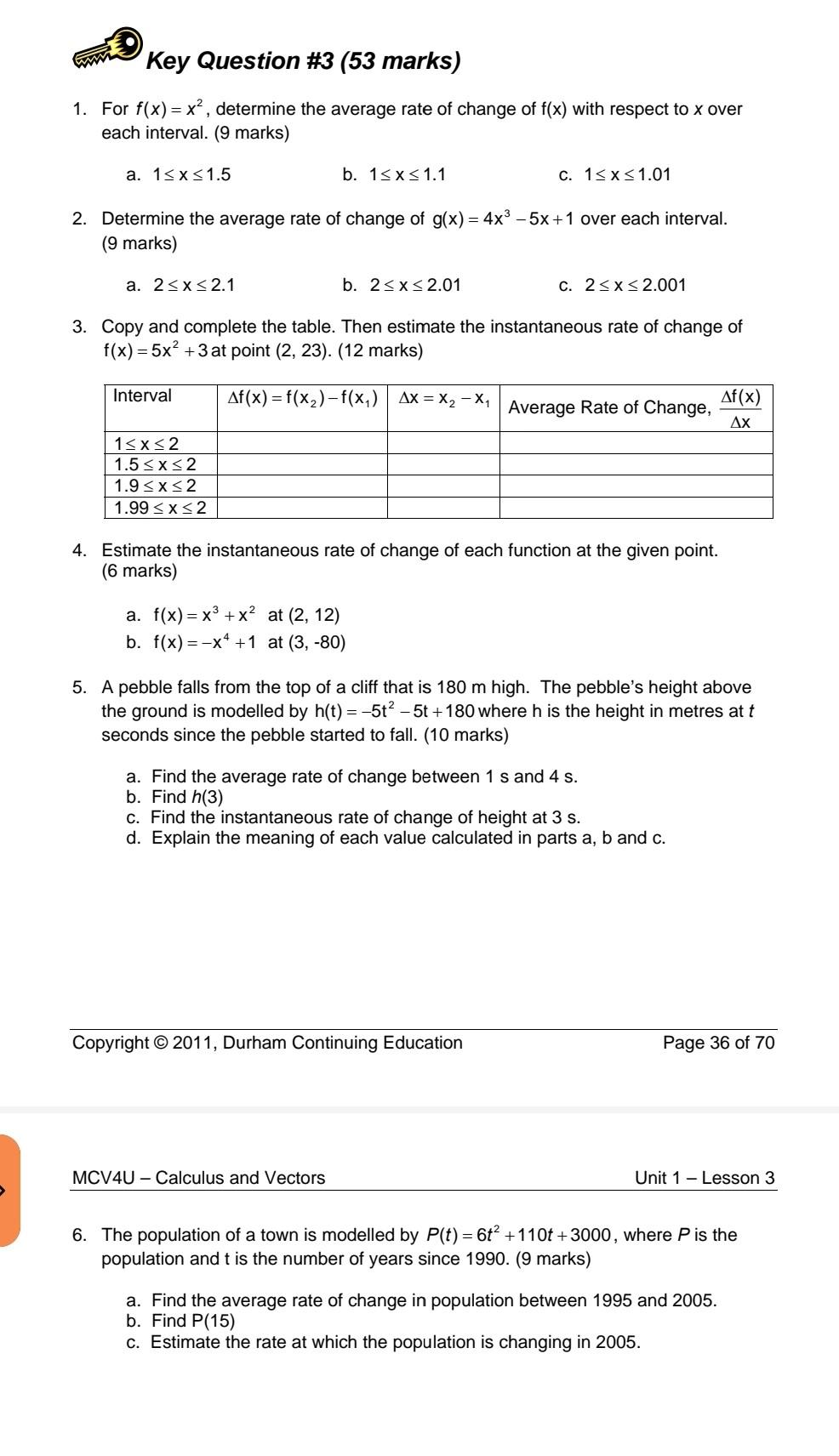 1 For F X X2 Determine The Average Rate Of Change Of F X With Respect To X Over Each Interval 9 Marks A 1 X 1 5 1