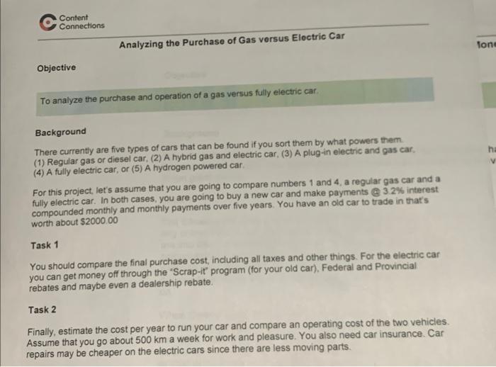 To Analyze The Purchase And Operation Of A Gas Versus Fully Electnc Car Background There Currently Are Five Types Of Car 1