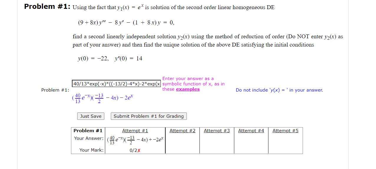 Blem 1 Using The Fact That Y1 X Ex Is Solution Of The Second Order Linear Homogeneous De 9 8x Y 8y 1 8x Y 0 Fi 1