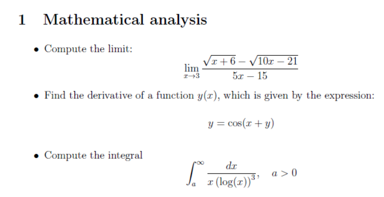 Mathematical Analysis Compute The Limit X 3lim 5x 15x 6 10x 21 Find The Derivative Of A Function Y X Which Is 1