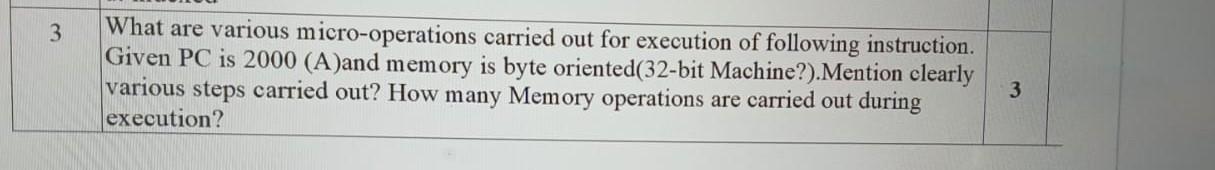 3 What Are Various Micro Operations Carried Out For Execution Of Following Instruction Given Pc Is 2000 A And Memory I 1