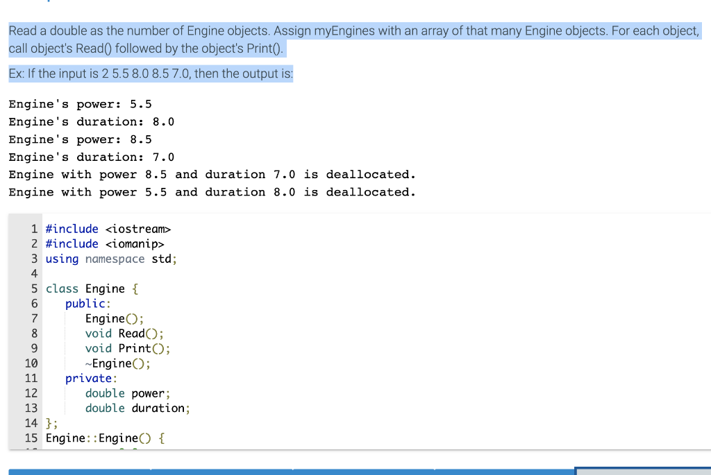 Read A Double As The Number Of Engine Objects Assign Myengines With An Array Of That Many Engine Objects For Each Obje 1