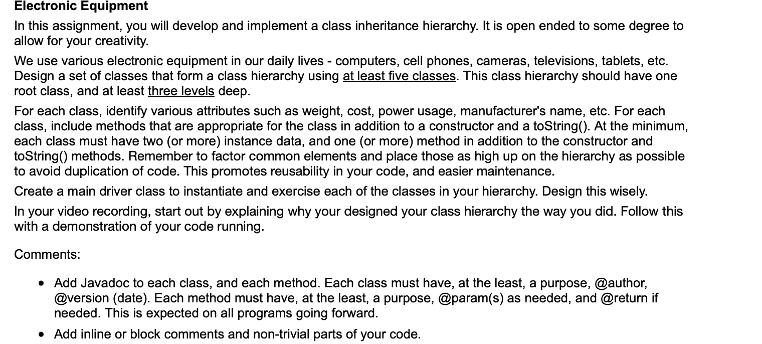 Electronic Equipment In This Assignment You Will Develop And Implement A Class Inheritance Hierarchy It Is Open Ended 1