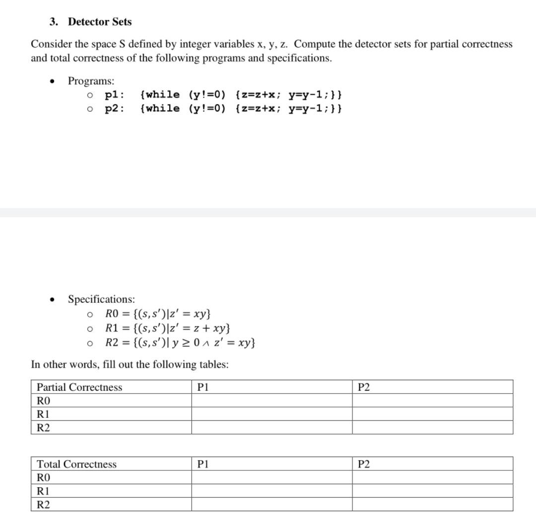 Consider The Space S Defined By Integer Variables X Y Z Compute The Detector Sets For Partial Correctness And Total Cor 1