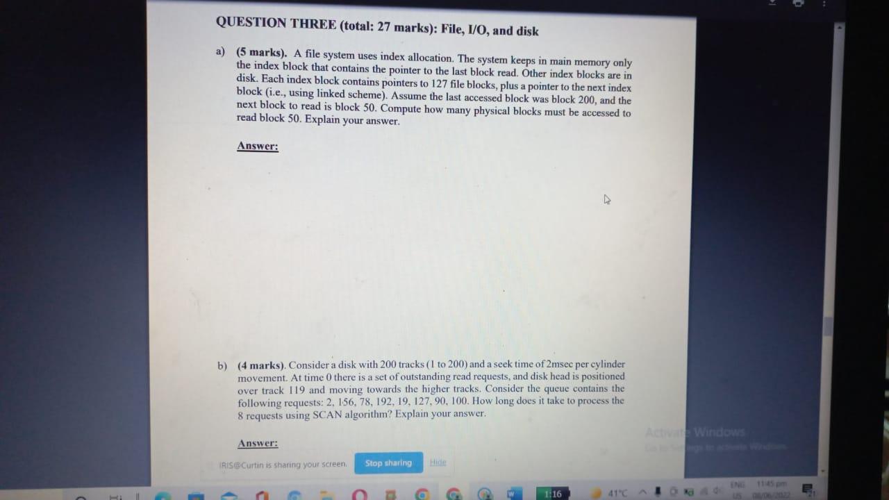 A 5 Marks A File System Uses Index Allocation The System Keeps In Main Memory Only The Index Block That Contains Th 1