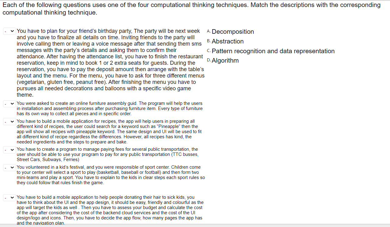 Each Of The Following Questions Uses One Of The Four Computational Thinking Techniques Match The Descriptions With The 1