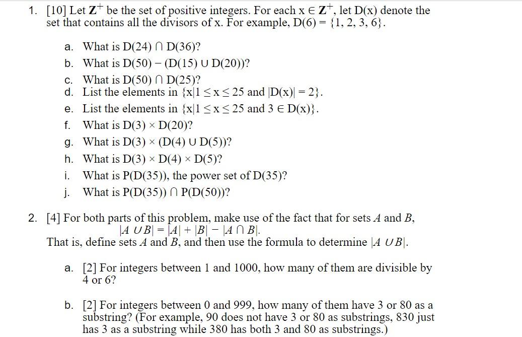 1 10 Let Z Be The Set Of Positive Integers For Each X Z Let D X Denote The Set That Contains All The Divisors Of 1