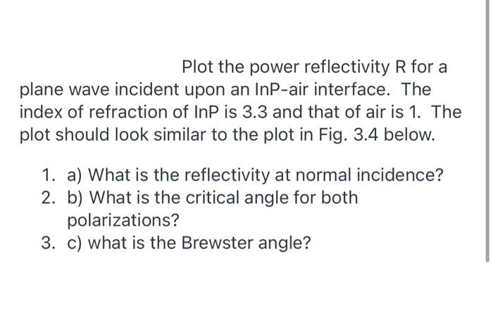 Plot The Power Reflectivity R For A Plane Wave Incident Upon An Inp Air Interface The Index Of Refraction Of Inp Is 3 3 1