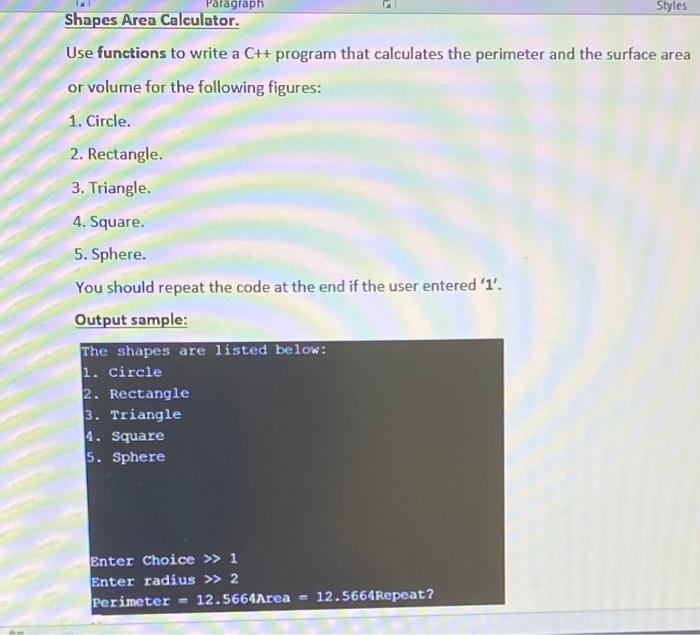 Shapes Area Calculator Use Functions To Write A C Program That Calculates The Perimeter And The Surface Area Or Volum 1
