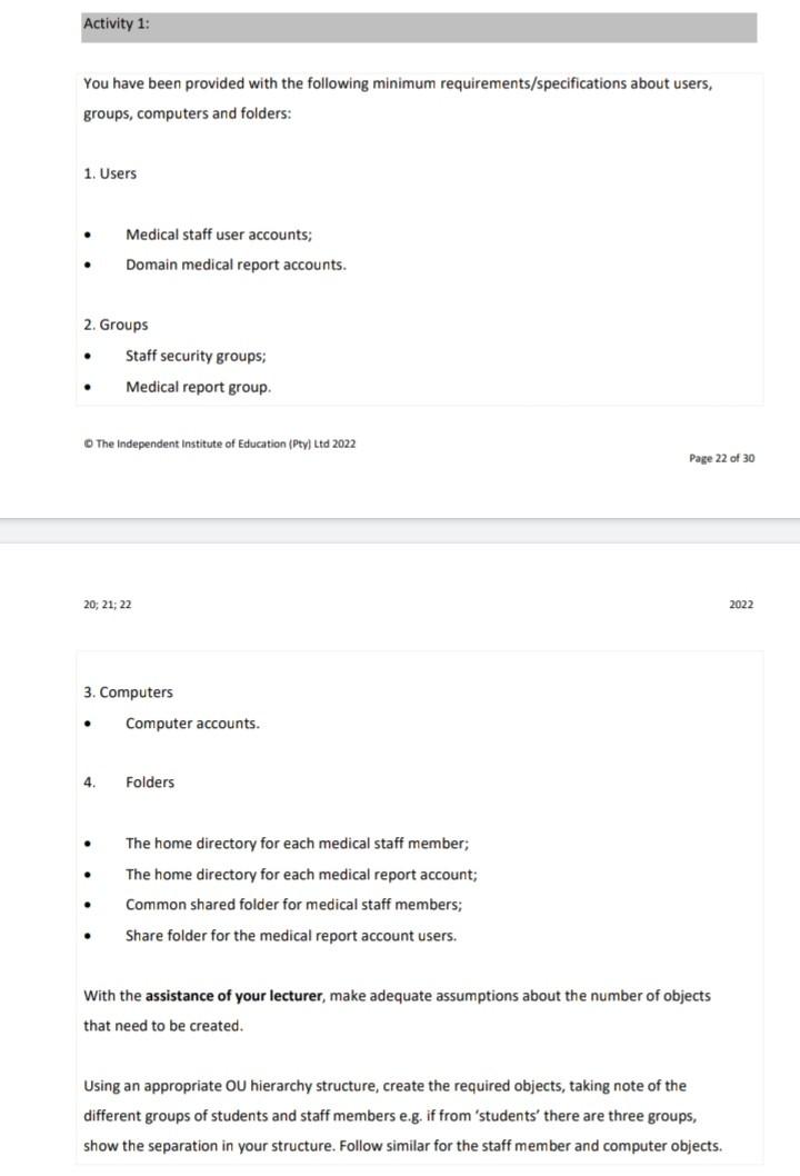 You Have Been Provided With The Following Minimum Requirements Specifications About Users Groups Computers And Folders 1