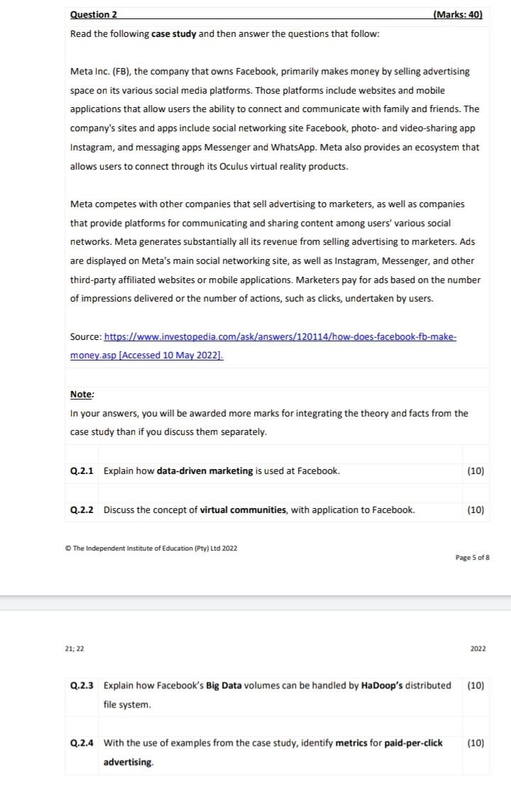 Question 2 Marks 40 Read The Following Case Study And Then Answer The Questions That Follow Meta Inc Fb The Comp 1