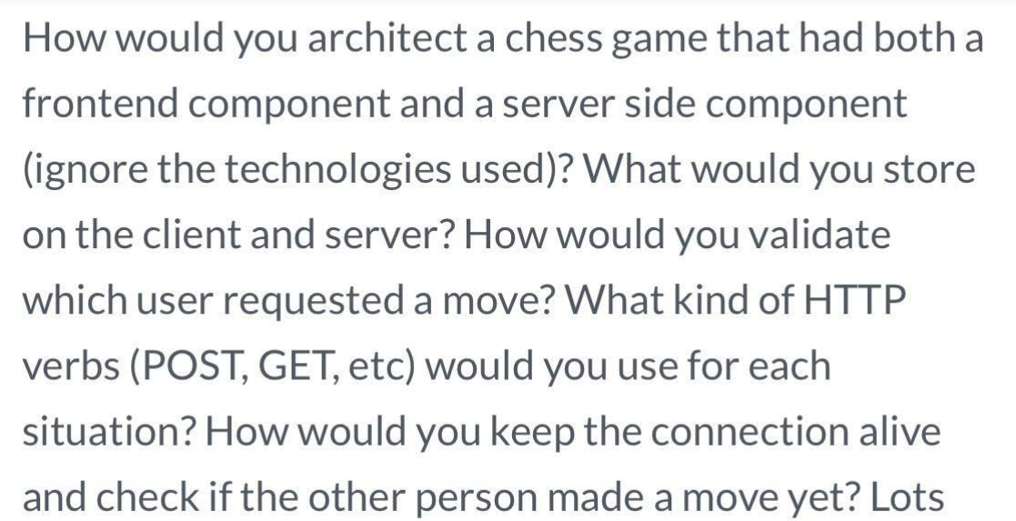 How Would You Architect A Chess Game That Had Both A Frontend Component And A Server Side Component Ignore The Technolo 1