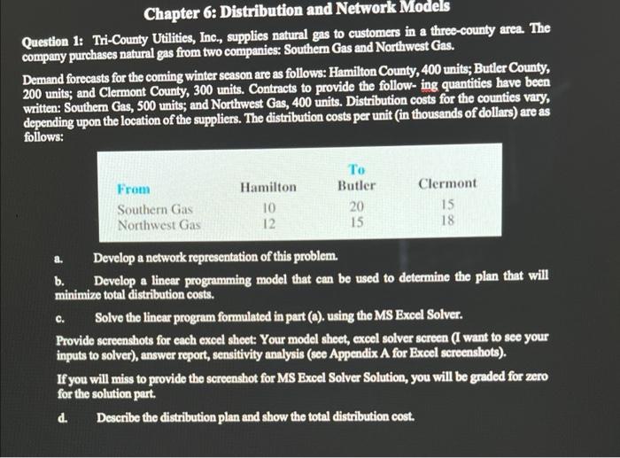 Chapter 6 Distribution And Network Models Question 1 Tri County Utilities Inc Supplies Natural Gas To Customers In 1