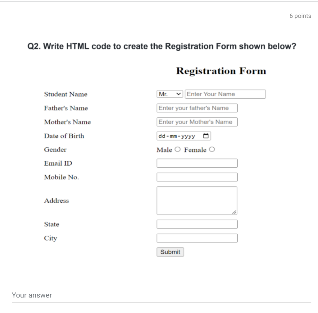Q2 Write Html Code To Create The Registration Form Shown Below Registration Form 1