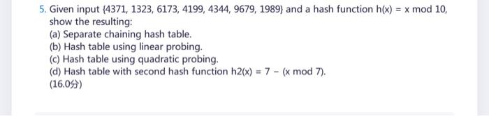5 Given Input 4371 1323 6173 4199 4344 9679 1989 And A Hash Function H X X Mod 10 Show The Resulting A Separate 1