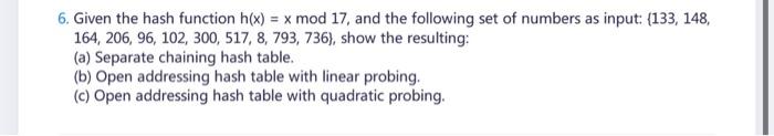 6 Given The Hash Function H X X Mod 17 And The Following Set Of Numbers As Input 133 148 164 206 96 102 300 517 8 1