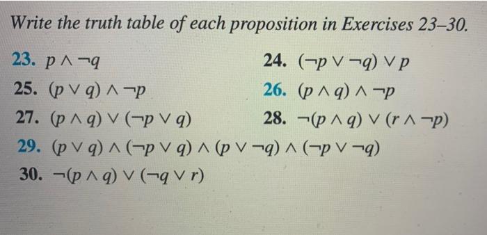 Write The Truth Table Of Each Proposition In Exercises 23 30 23 P Q 24 P Q P 25 P Q P 26 P Q P 27 P Q 1