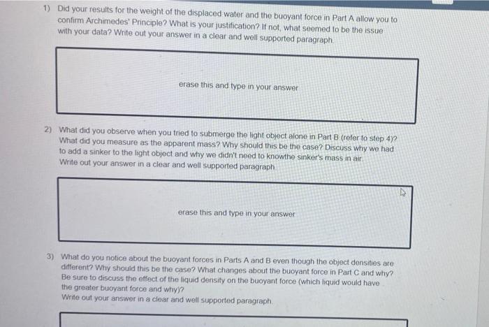 1 Did Your Results For The Weight Of The Displaced Water And The Buoyant Force In Part A Allow You To Confirm Archimede 1