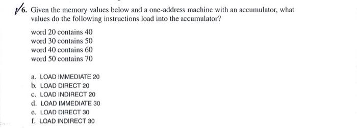 6 Given The Memory Values Below And A One Address Machine With An Accumulator What Values Do The Following Instruction 1
