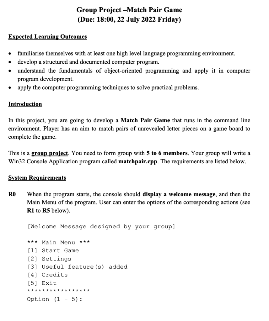 Group Project Match Pair Game Due 18 00 22 July 2022 Friday Expected Learning Outcomes Familiarise Themselves With 1