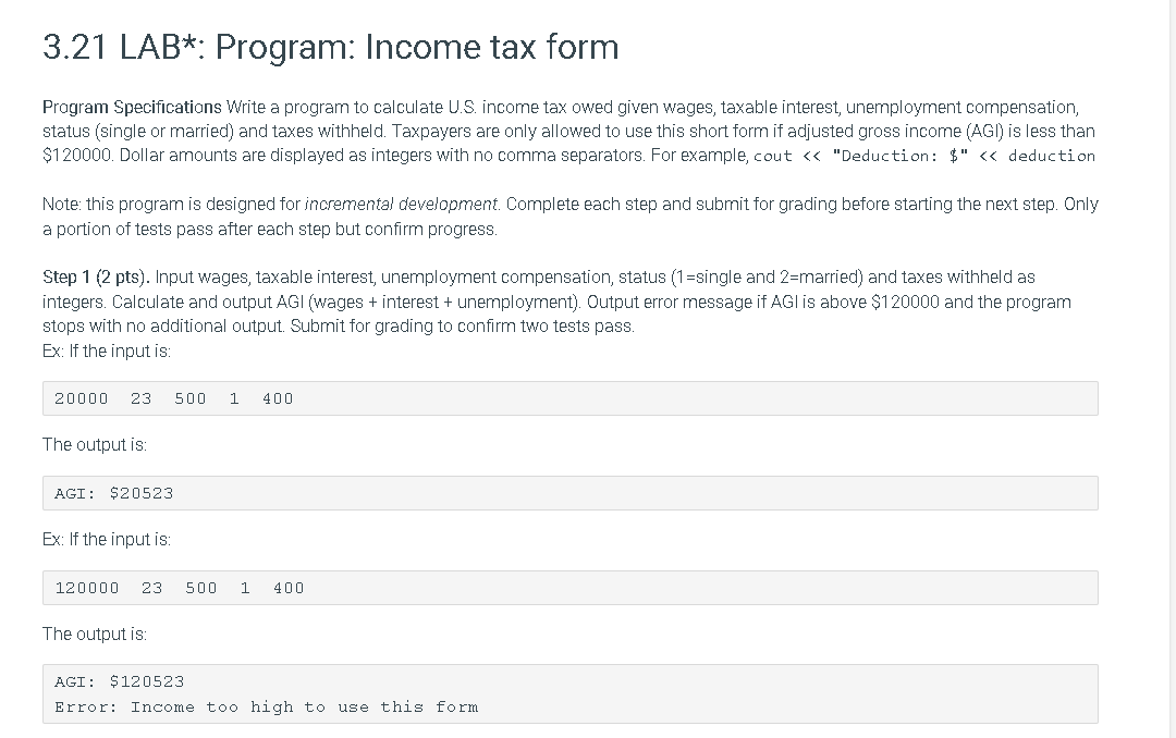 3 21 Lab Program Income Tax Form Program Specifications Write A Program To Calculate U S Income Tax Owed Given Wages 1
