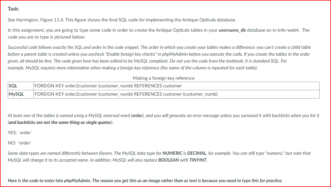 See Harrington Figure 11 4 This Figure Shows The Final Sql Code For Implementing The Antique Opticals Database In Thi 1