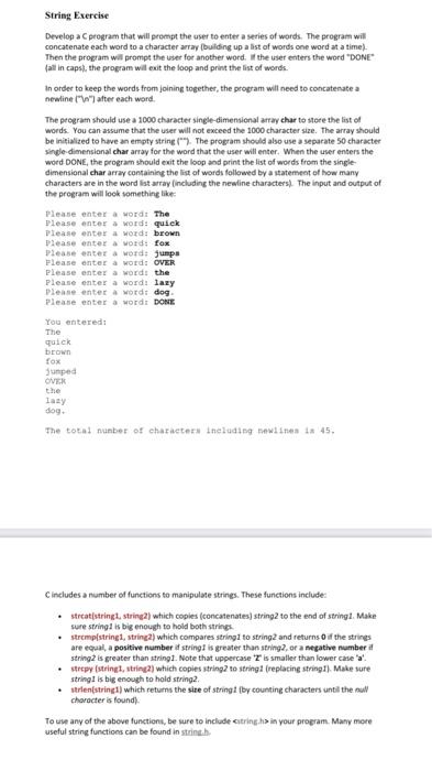 String Exercise Develop A C Pegram That Will Perempt The User To Enter A Series Of Words The Program Will Concatenate E 1