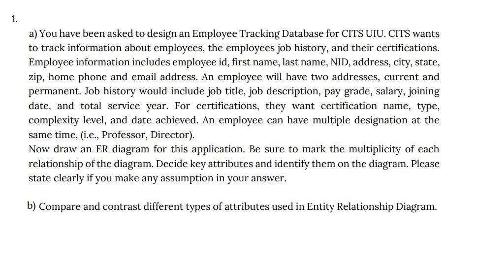 A You Have Been Asked To Design An Employee Tracking Database For Cits Uiu Cits Wants To Track Information About Emplo 1
