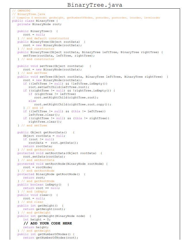 Complete Six Methods In Java Program Binarytree Java To Get The Height Of The Binary Tree To Get The Number Of Nodes 3