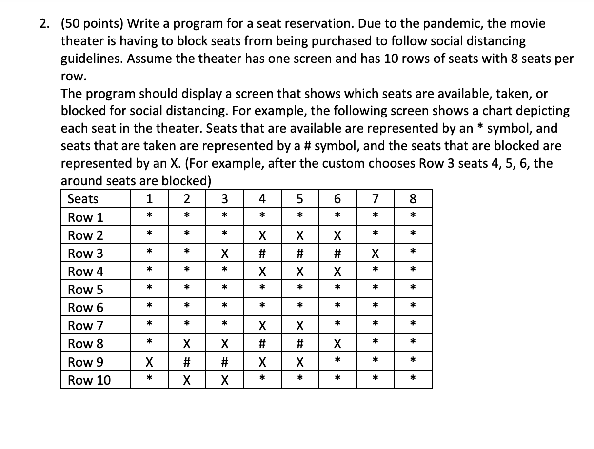 50 Points Write A Program For A Seat Reservation Due To The Pandemic The Movie Theater Is Having To Block Seats From 1