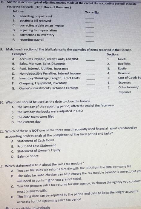 8 Are These Actions Typical Adjusting Entries Made At The End Of The Accounting Period Indicate Yes Or No For Each Ih 1