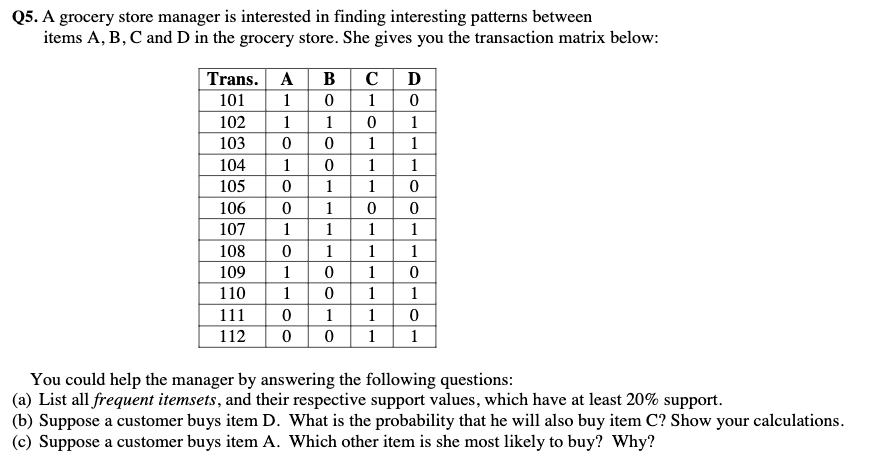 Q5 A Grocery Store Manager Is Interested In Finding Interesting Patterns Between Items A B C And D In The Grocery Store 1