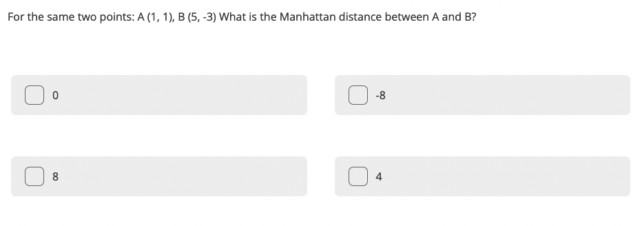 For The Same Two Points A 1 1 B 5 3 What Is The Manhattan Distance Between A And B 8 4 1