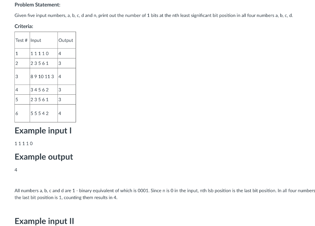 Given Five Input Numbers A B C D And N Print Out The Number Of 1 Bits At The Nth Least Significant Bit Position In 1