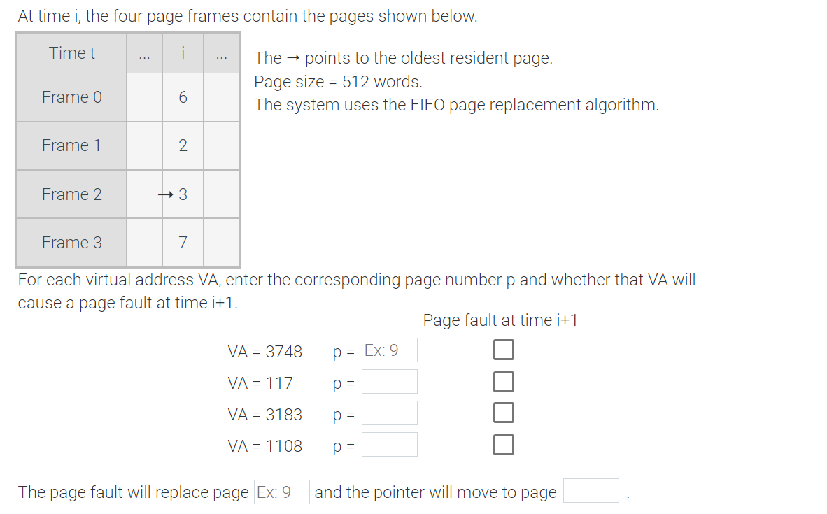 At Time I The Four Page Frames Contain The Pages Shown Below The Points To The Oldest Resident Page Page Size 512 1