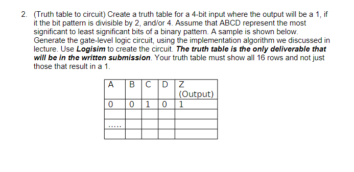 2 Truth Table To Circuit Create A Truth Table For A 4 Bit Input Where The Output Will Be A 1 If It The Bit Pattern 1