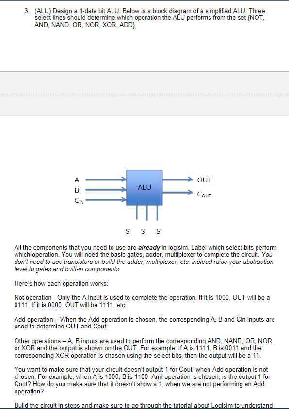 3 Alu Design A 4 Data Bit Alu Below Is A Block Diagram Of A Simplified Alu Three Select Lines Should Determine Whic 1