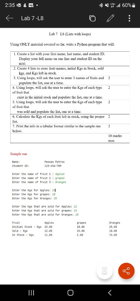 Lab 7 L8 Lists With Loops Using Only Matcrial Covered So Far Write A Python Program That Will Sample Run Name Stude 1
