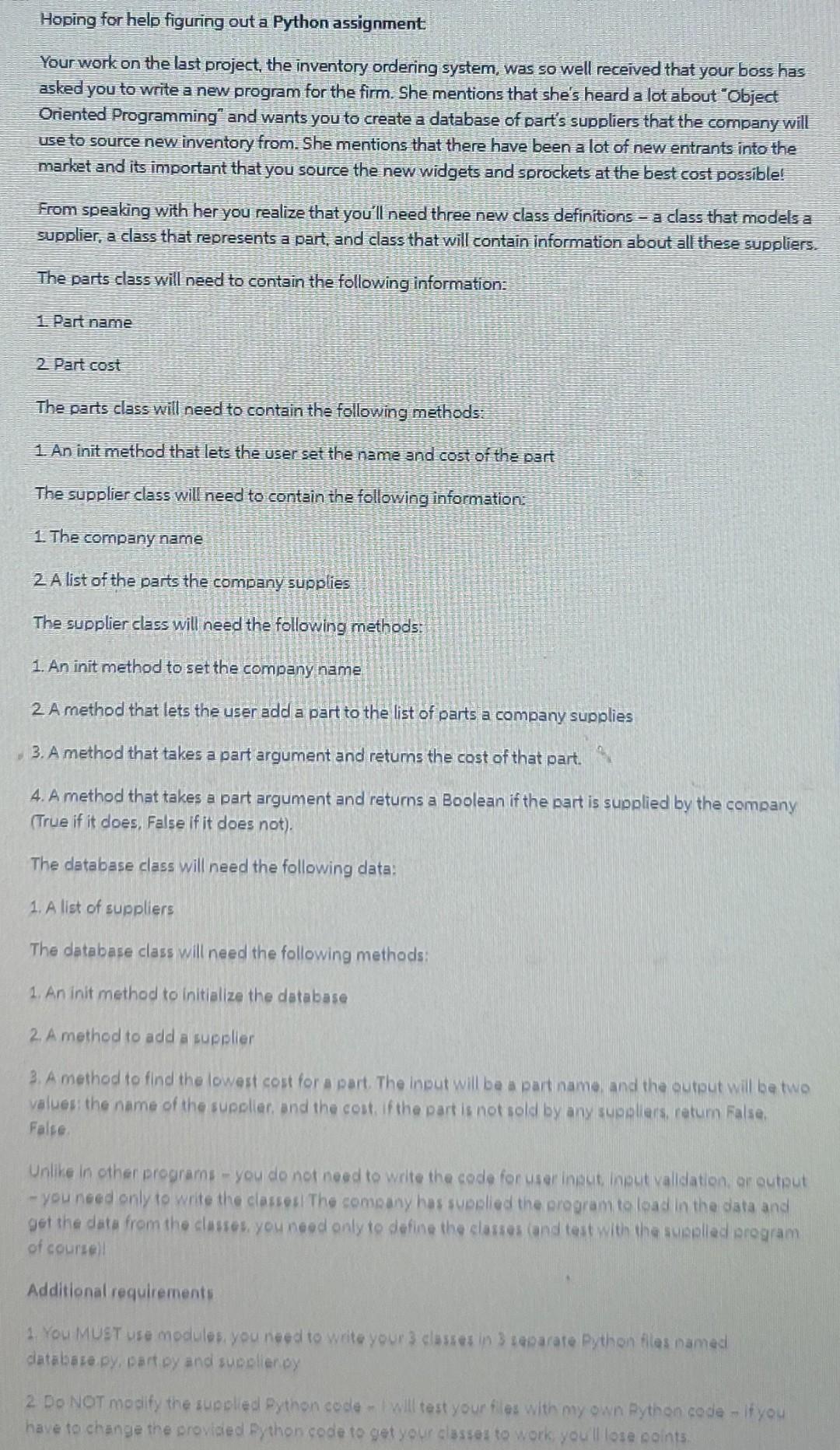 Hoping For Help Figuring Out A Python Assignment Your Work On The Last Project The Inventory Ordering System Was So We 1