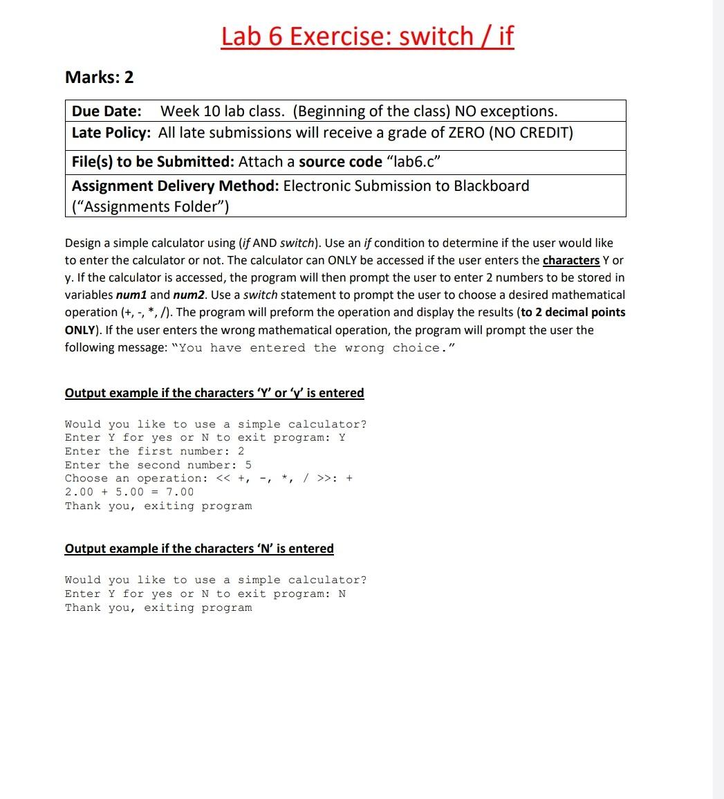 Lab 6 Exercise Switch If Marks 2 Design A Simple Calculator Using If And Switch Use An If Condition To Determine 1