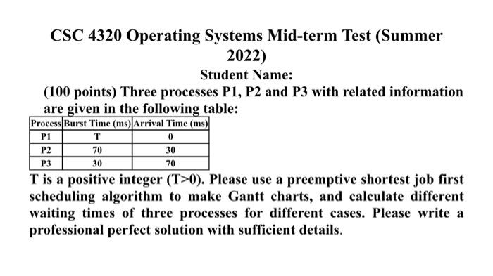 Csc 4320 Operating Systems Mid Term Test Summer 2022 Student Name 100 Points Three Processes P1 P2 And P3 With Rela 1