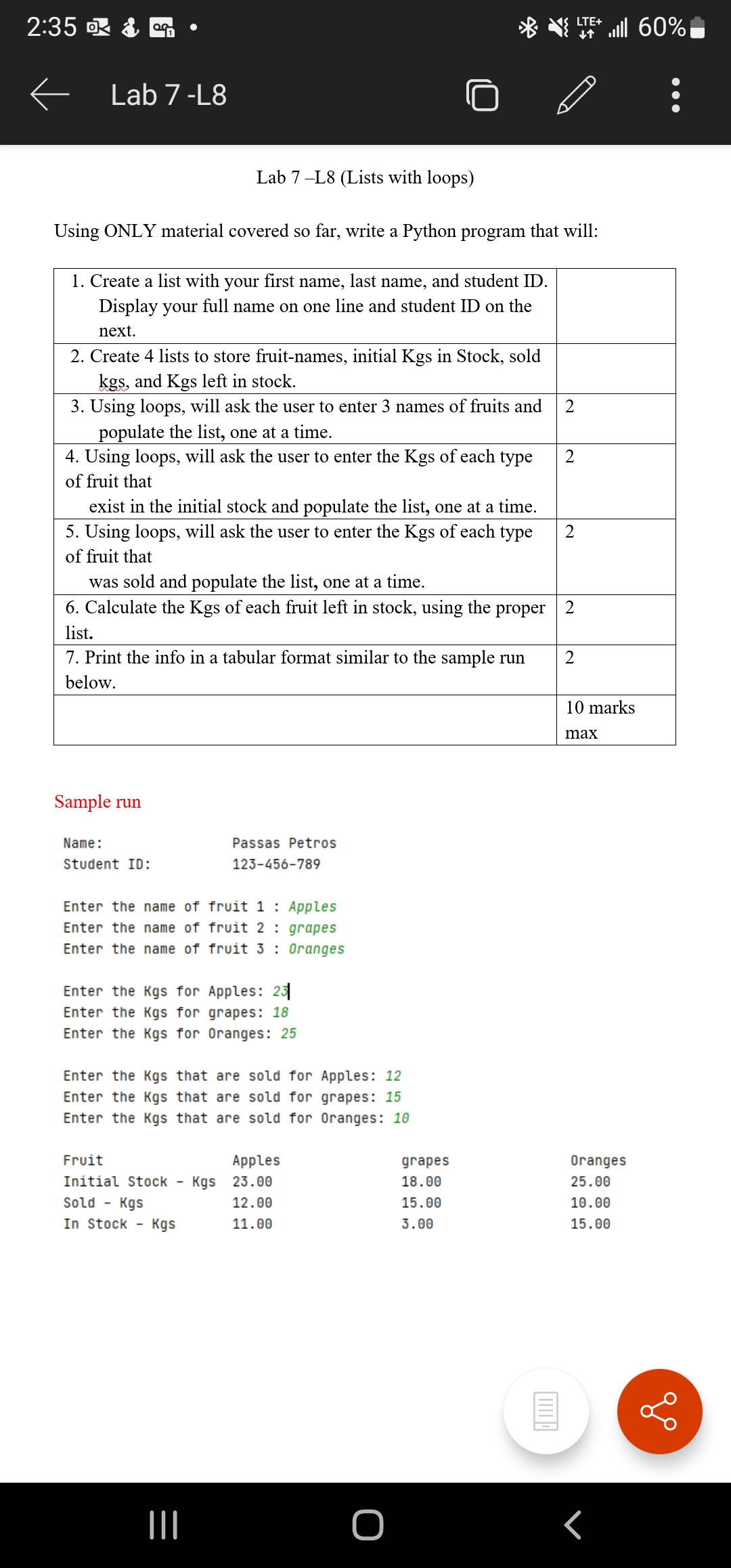 Lab 7 L8 Lists With Loops Using Only Material Covered So Far Write A Python Program That Will Sample Run Name Pass 1