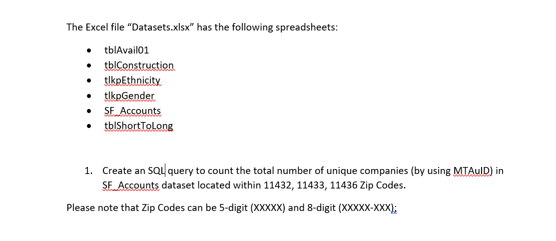 The Excel File Datasets Xisx Has The Following Spreadsheets Tblavail01 Tblconstruction Tlkpethnicity Tlkpgend 1