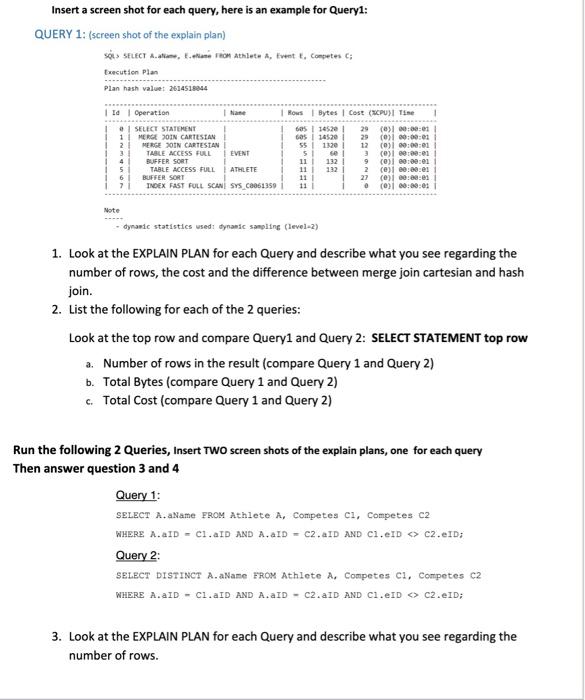 Note Dynamic Statistics Usedi Dynamic Sanpling Level 2 1 Look At The Explain Plan For Each Query And Describe What Yo 1