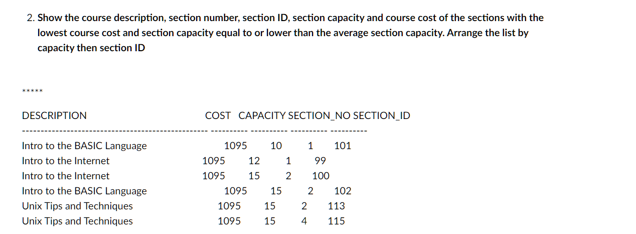 2 Show The Course Description Section Number Section Id Section Capacity And Course Cost Of The Sections With The Lo 1
